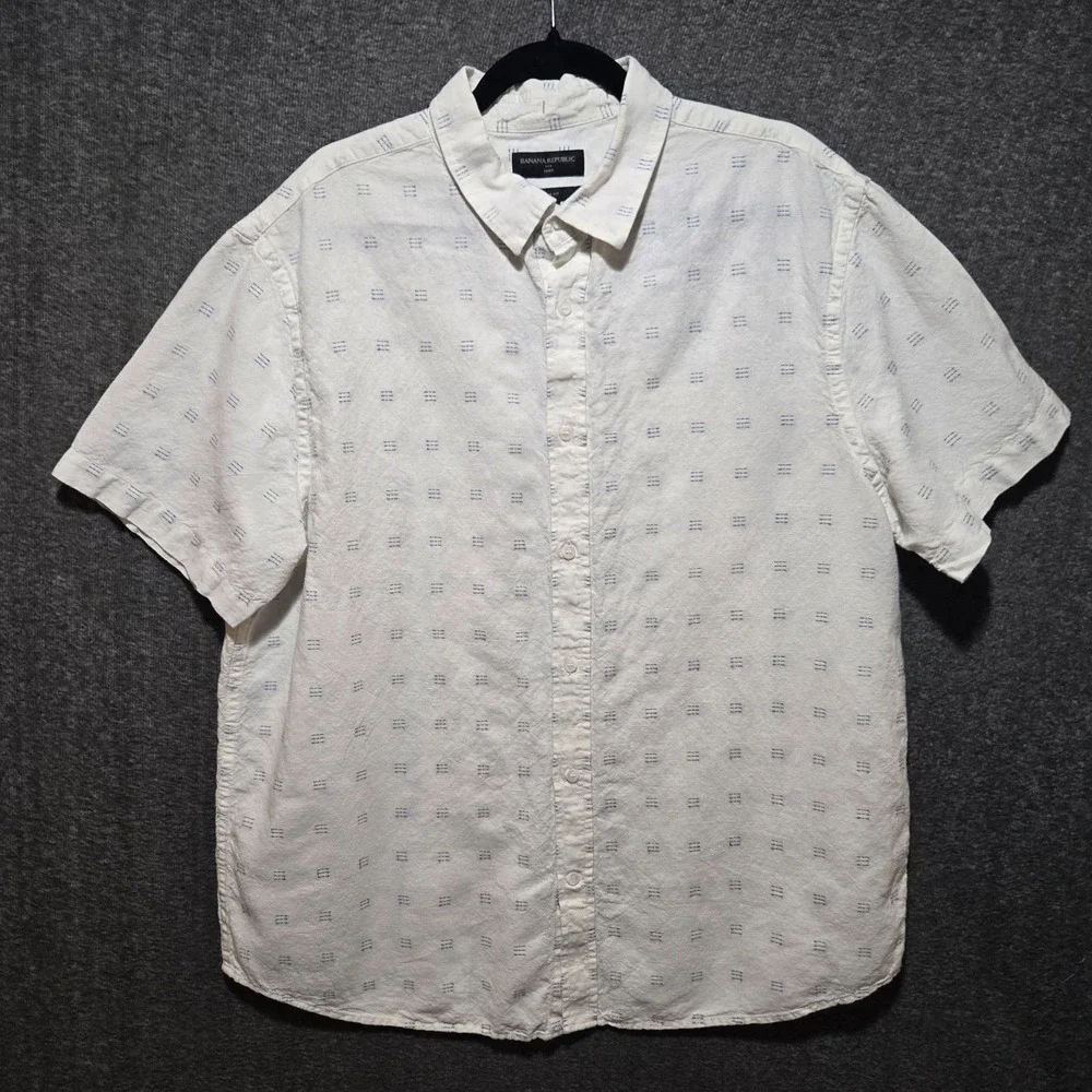 Banana Republic Shirt Mens XL Minimalist Linen Cotton Slim Fit Geometric Ivory